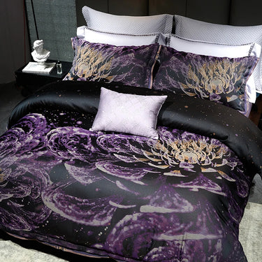 Chic Black Purple Floral Bedding Collection - Luxurious Jacquard Egyptian Cotton Fabric